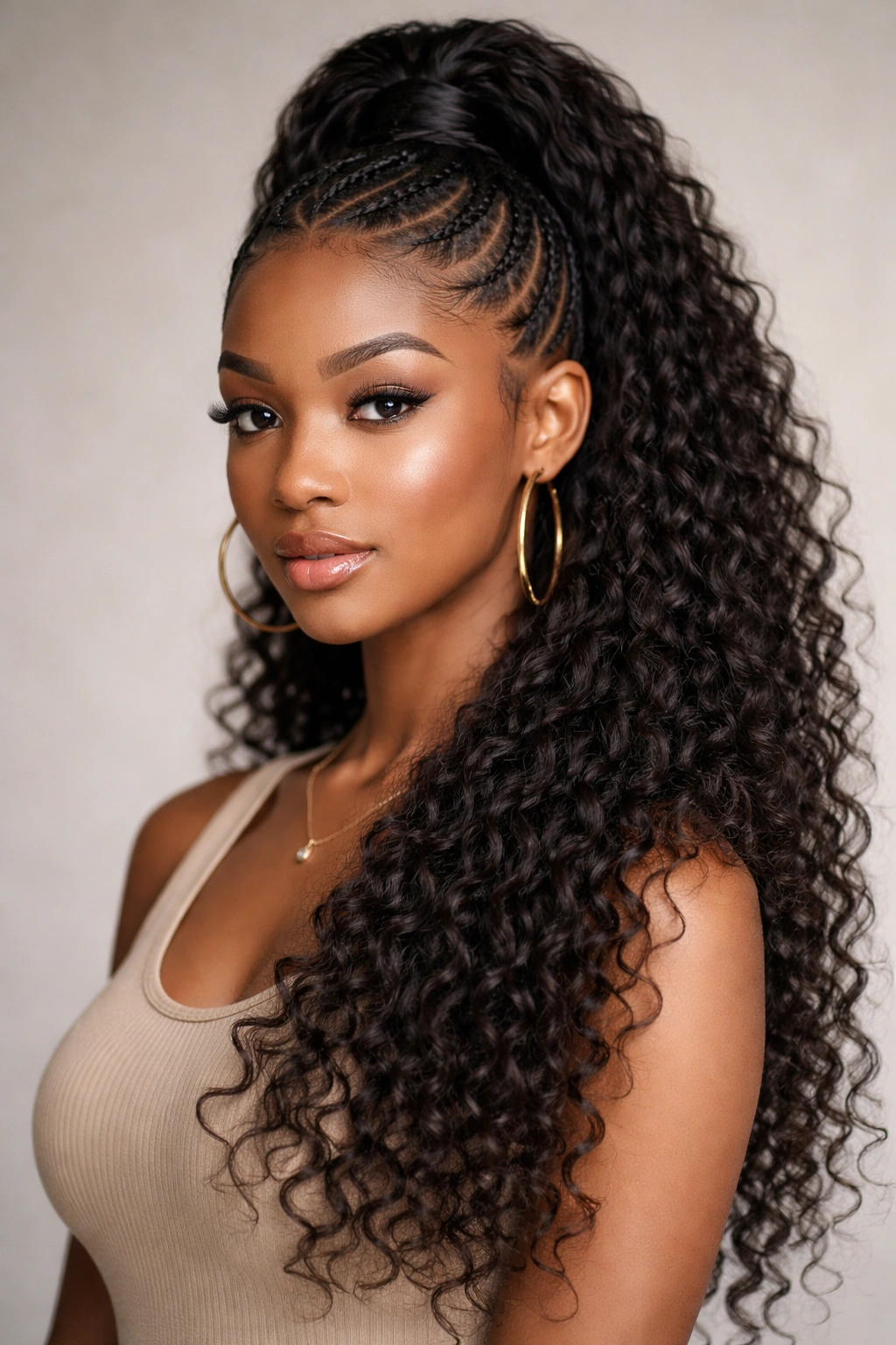 Half-up pondo with crown braids and flowing free curls