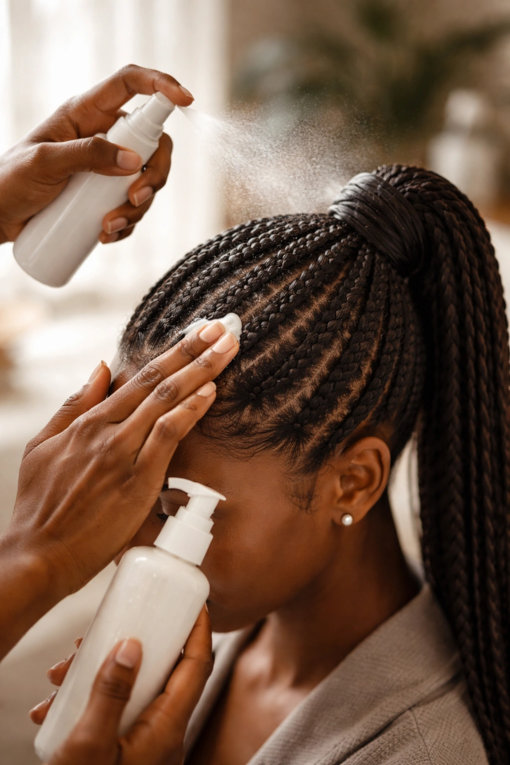 Hands applying leave-in conditioner to braided scalp