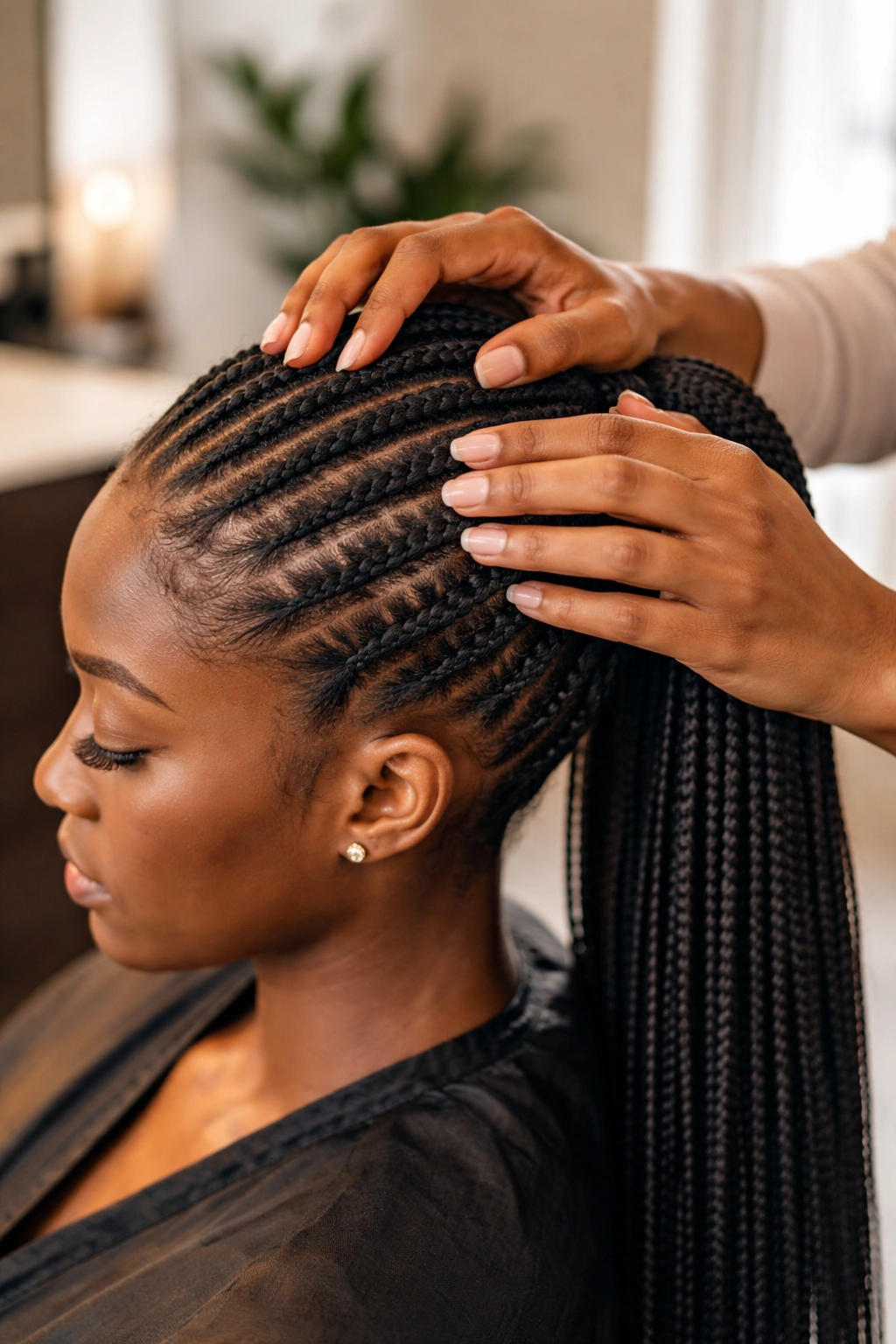 Braiding session showing proper tension and scalp care