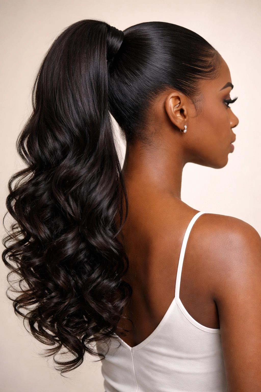 Sleek ponytail with curled ends and voluminous curls at the tail
