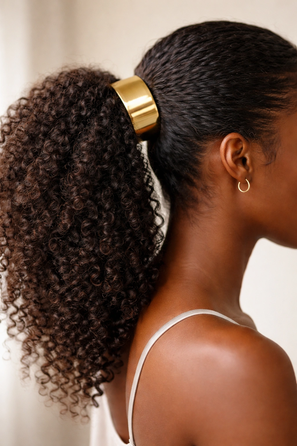 Close-up of a natural hair ponytail with a bold metallic cuff