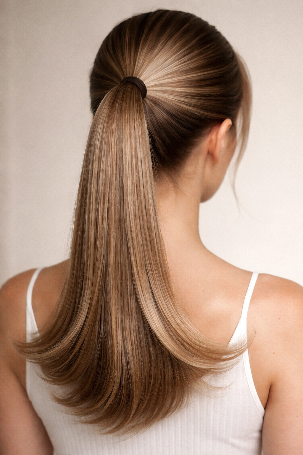 Close-up of a straight ponytail with outward curved ends (soft C-shape) showing smooth shine