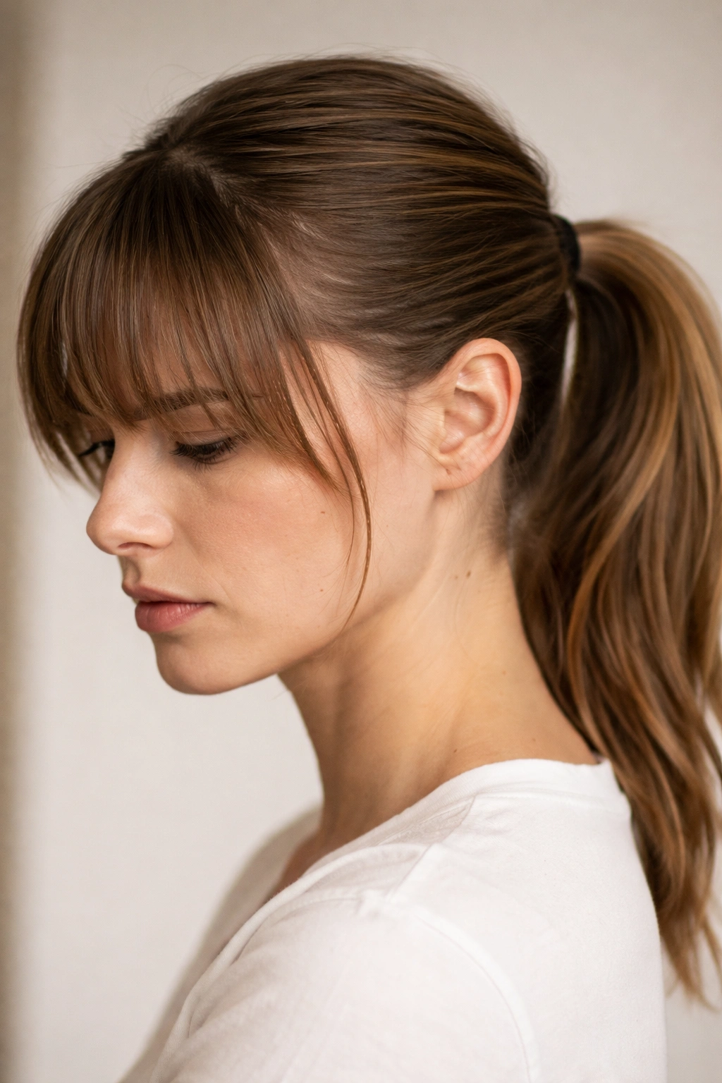 Close-up of a head with a low ponytail and bangs illustrating common mistakes like tight tension and flat bangs