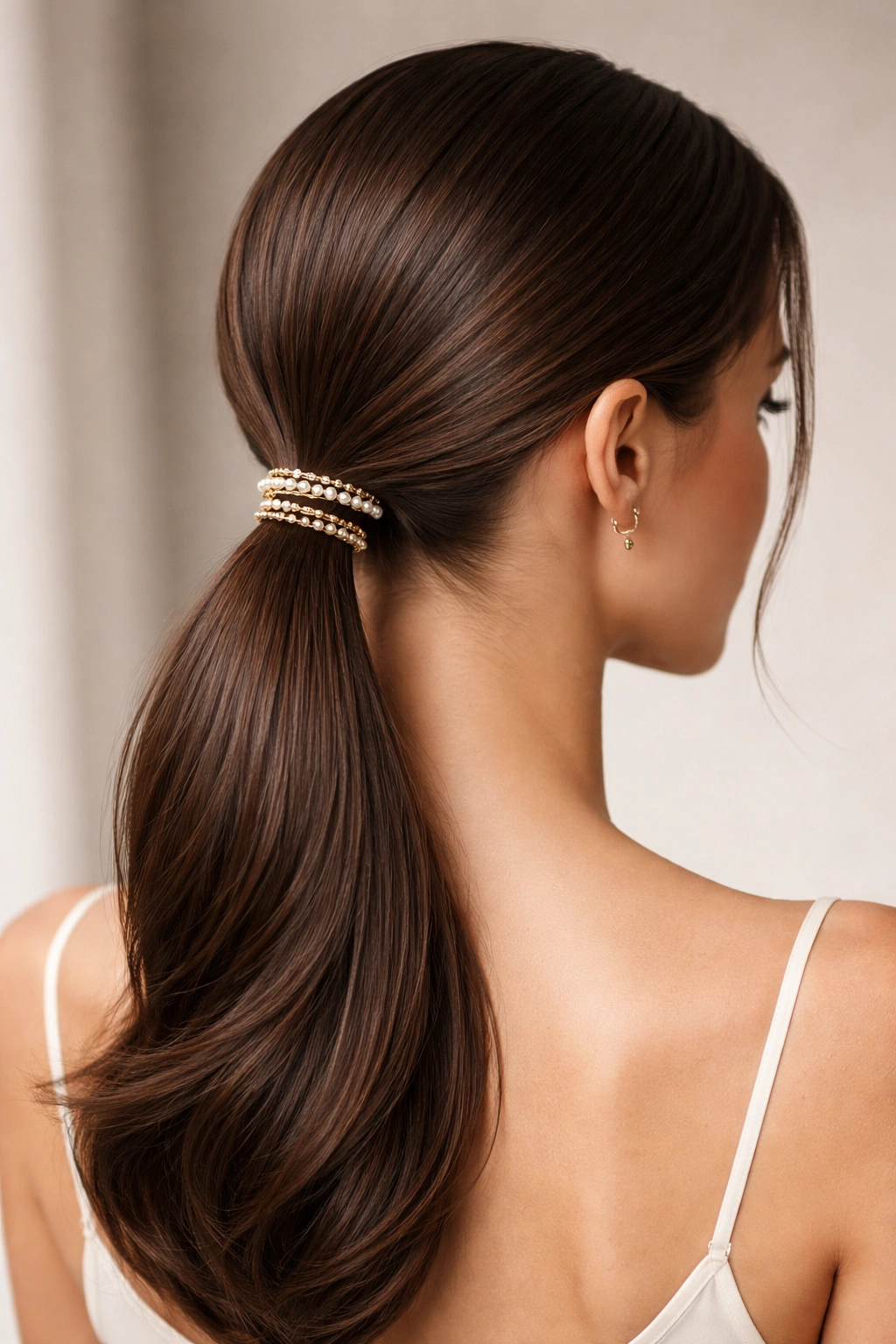 Low ponytail with delicate decorative pins around base