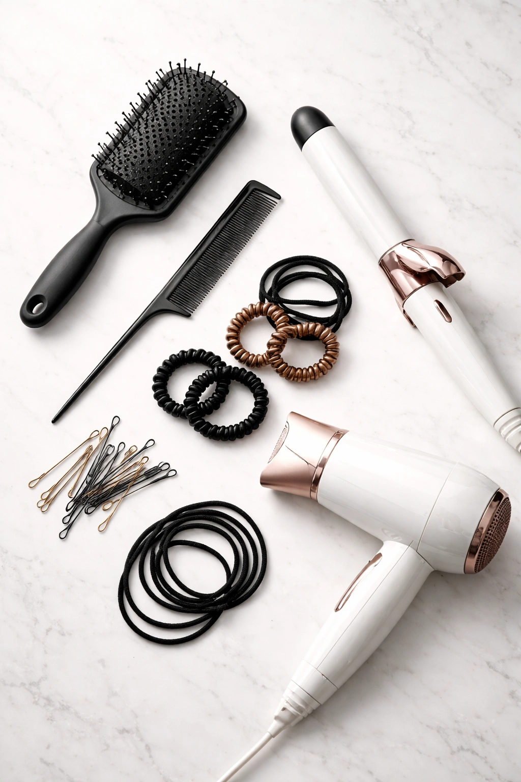 Flat lay of ponytail styling tools on a clean surface.