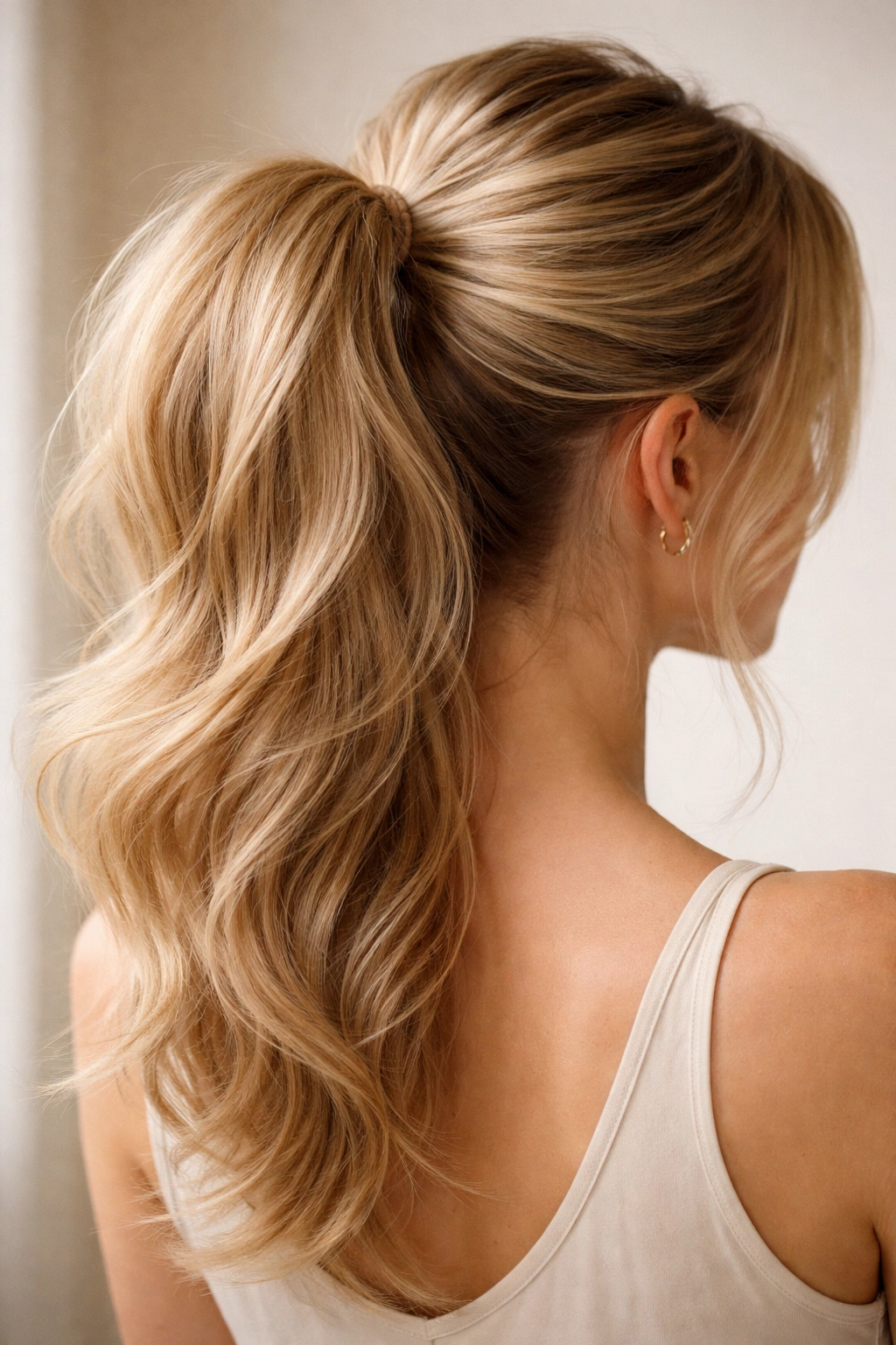 Close-up of a voluminous ponytail on thin hair with textured layers and smooth shine