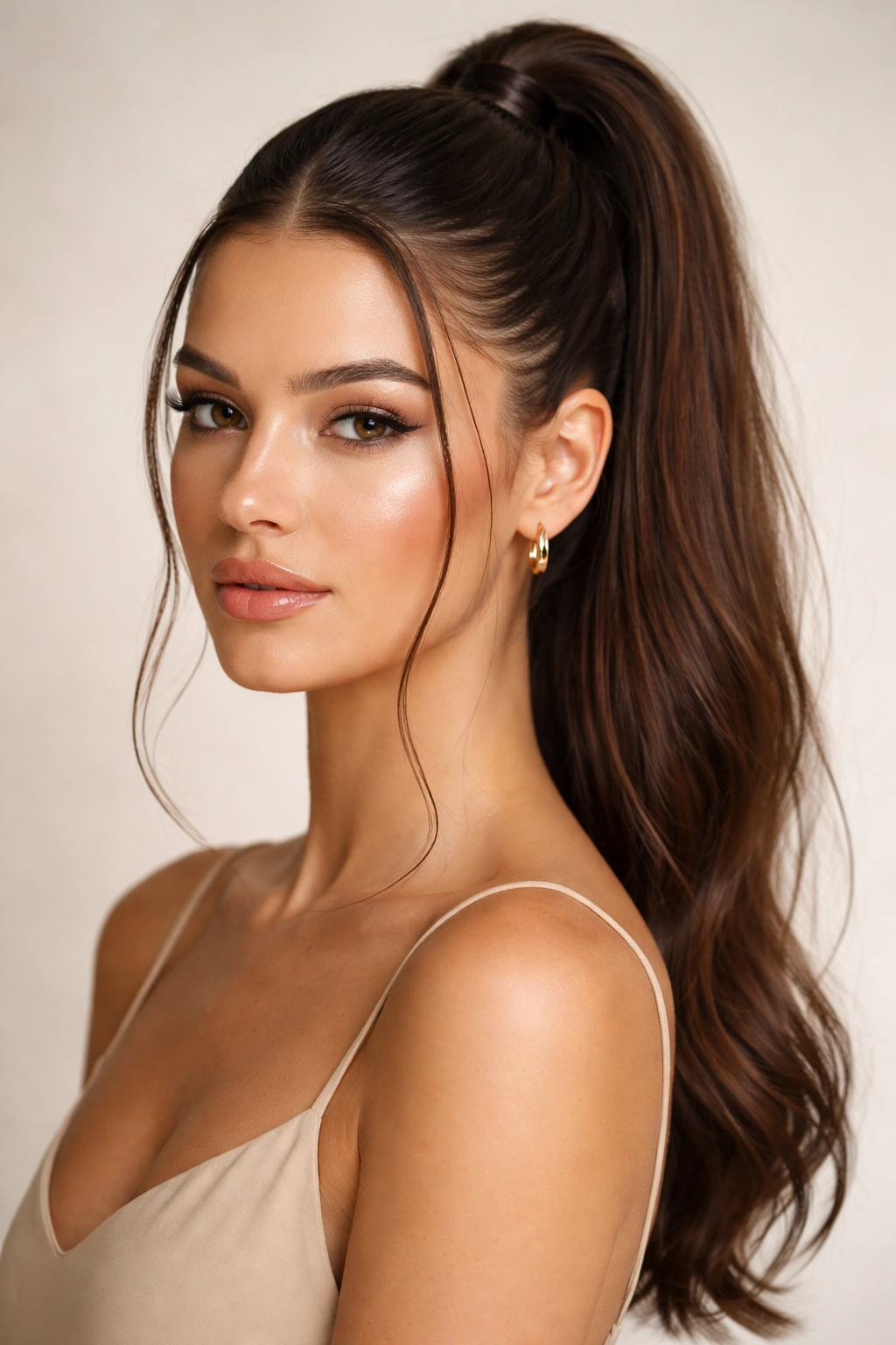 Close-up of a sleek high ponytail with wispy tendrils and middle part