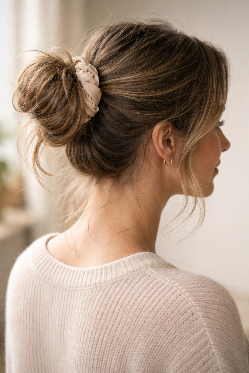 Close-up portrait showing gentle postpartum hair styling to prevent damage