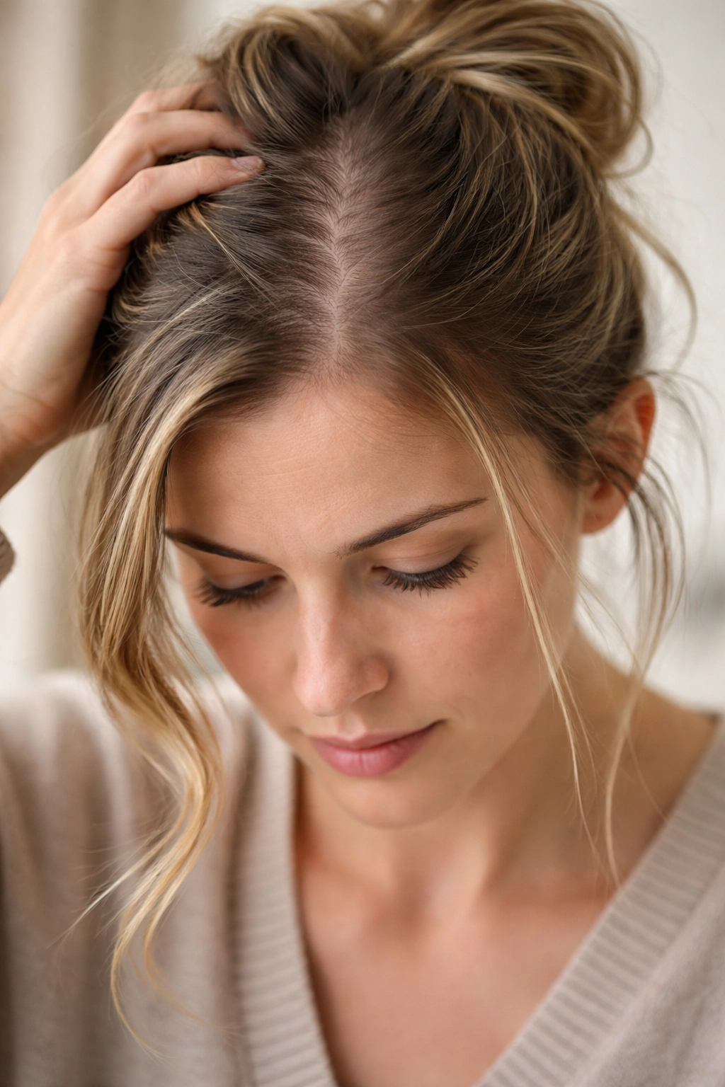 Close-up of thinning postpartum hair at the crown and widened part