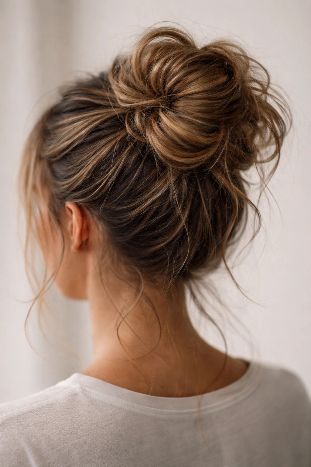Close-up of textured messy bun showing grip and loose strands
