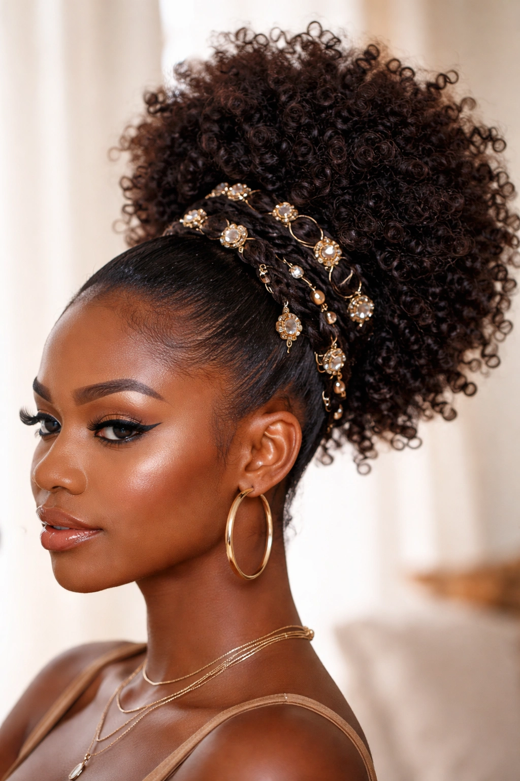 Pouf hairstyle with beads and cuffs woven through afro curls