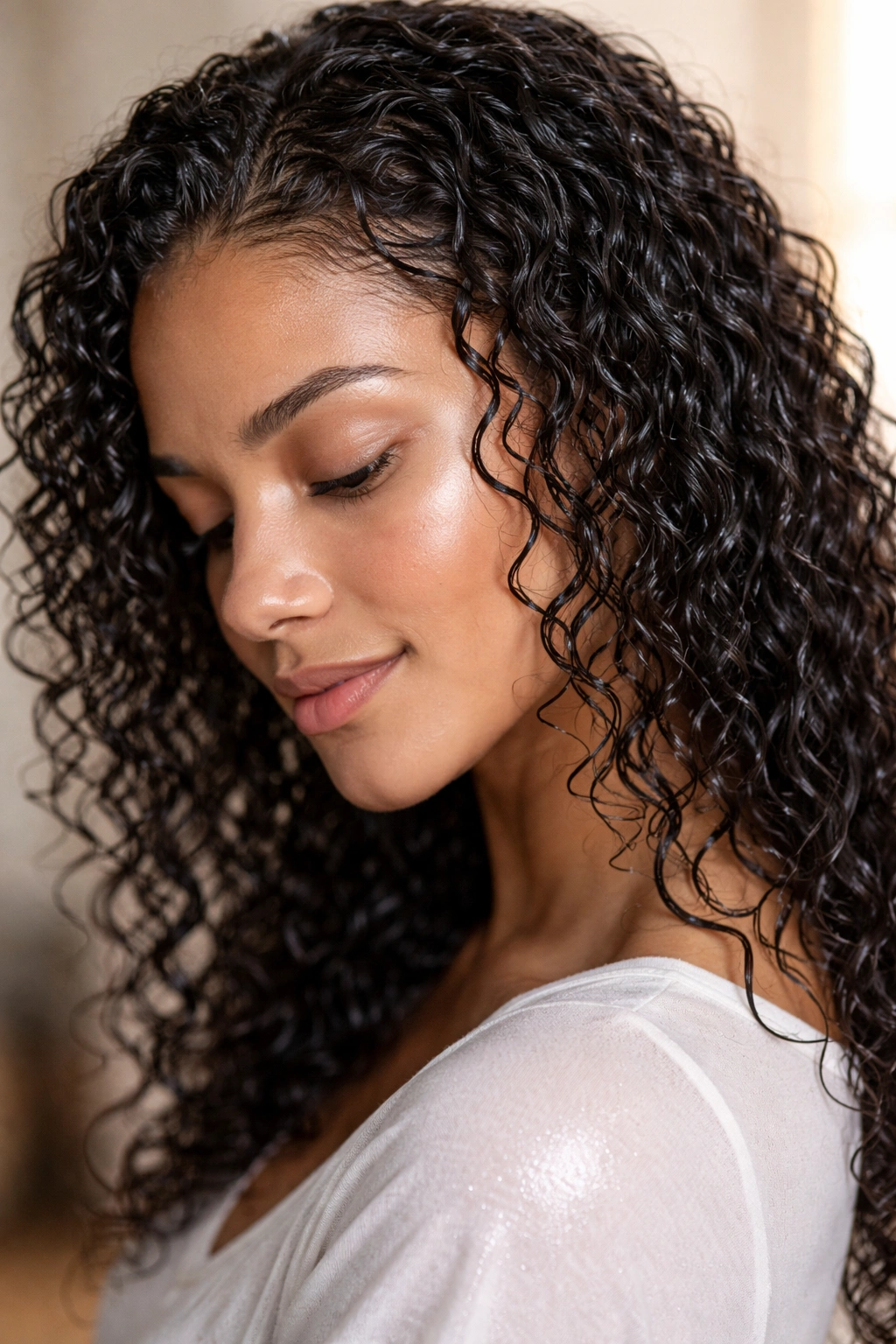 Damp hydrated curls ready for styling with even moisture