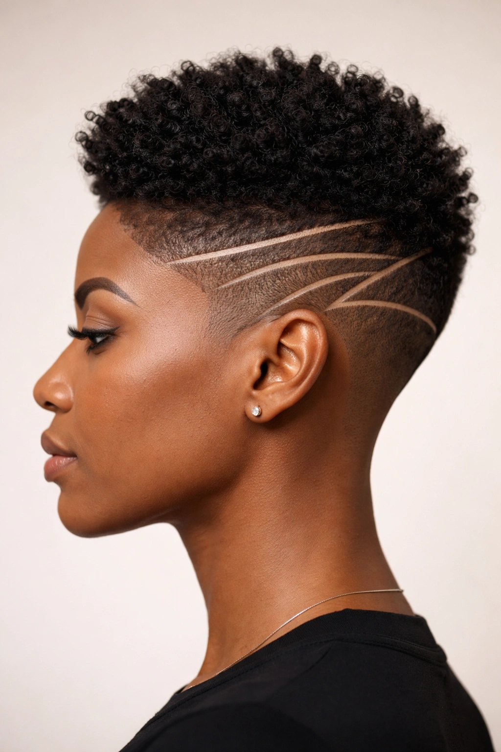 Profile of a person with precise fade and sculpted geometric designs on the sides
