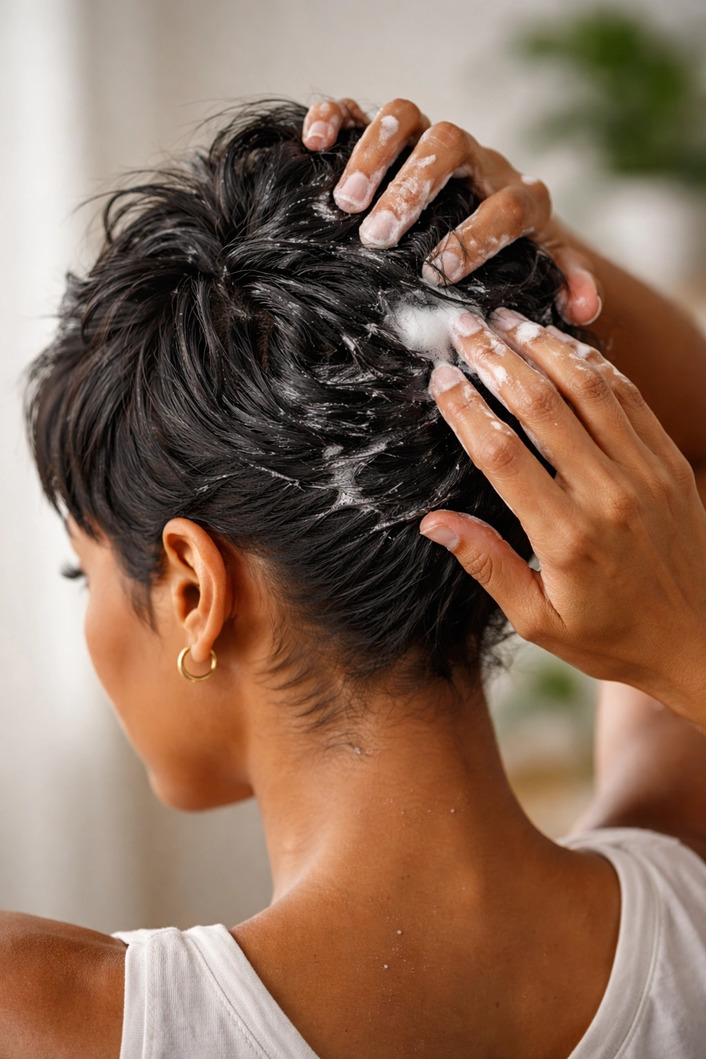 Hands styling short black hair with product to prep for messy bun