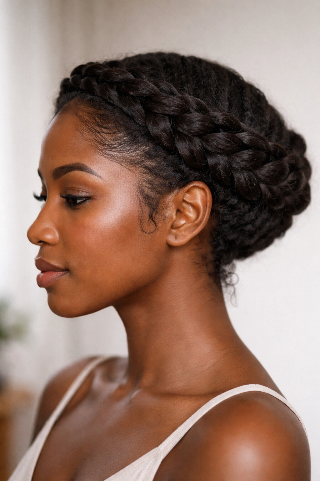 Protective braided crown around head with ends tucked.