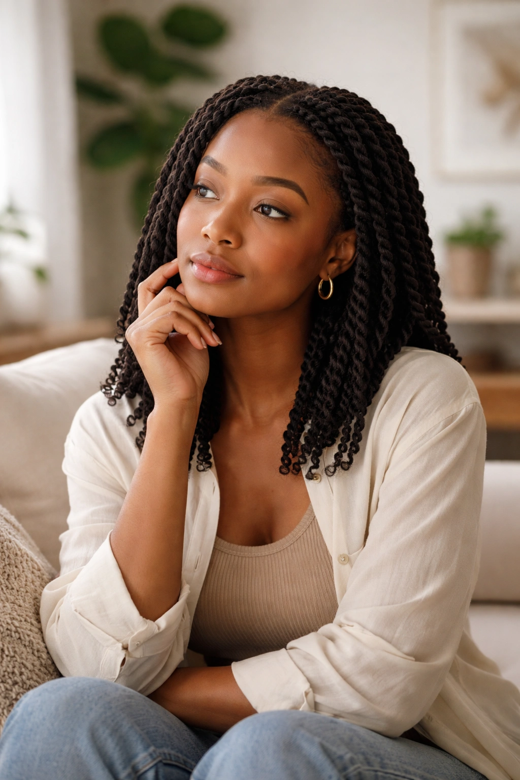 Thoughtful person with twist hairstyle in a studio