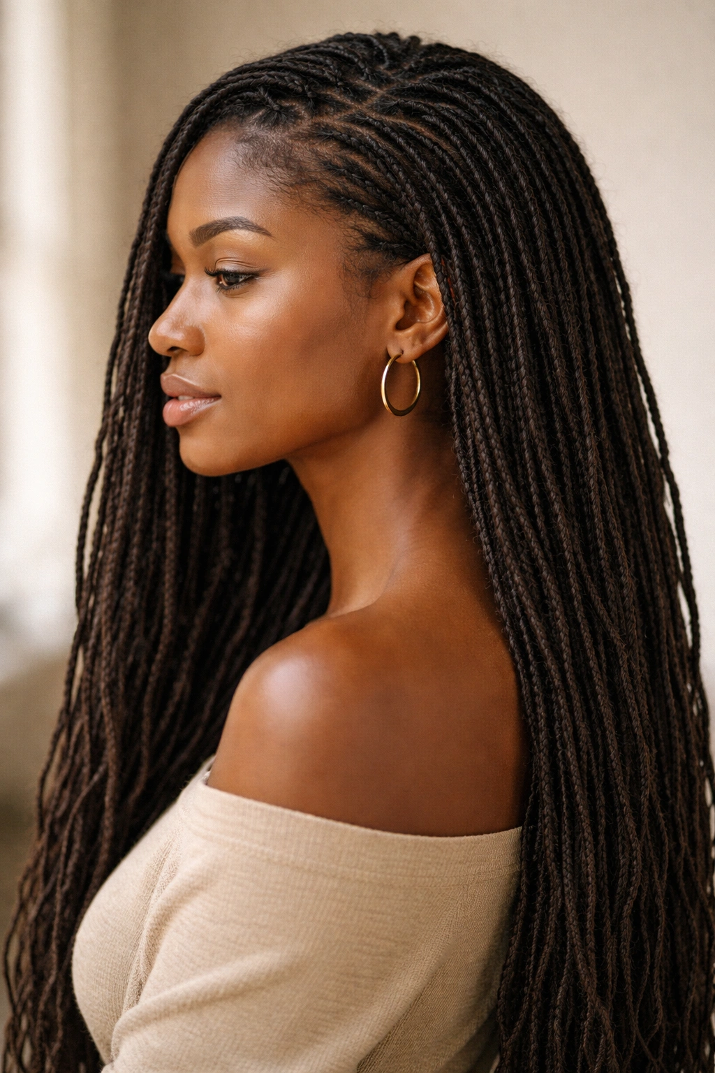 Side profile of long protective locs on Afro hair