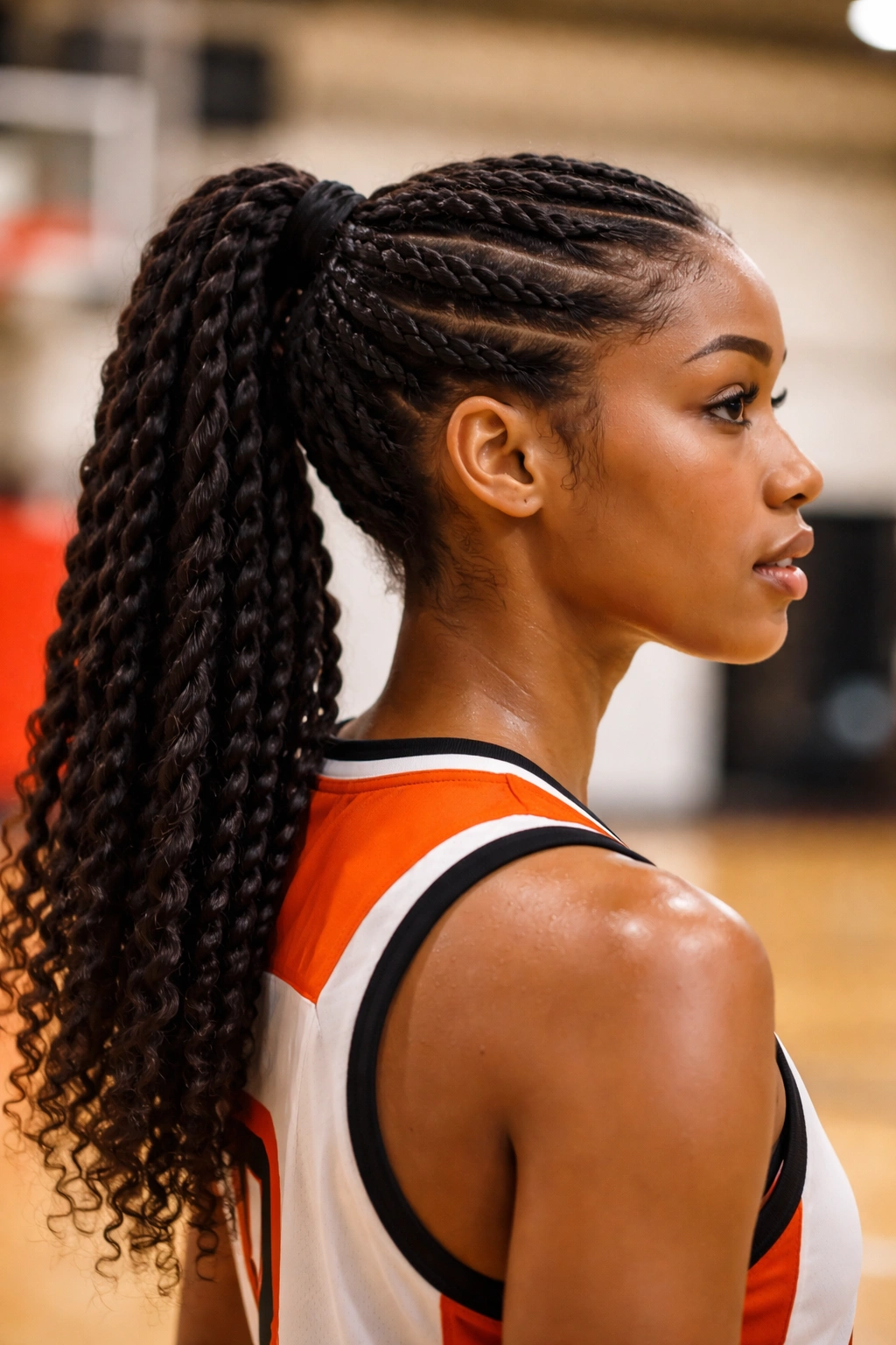 Side profile of ponytail with twists integrated through the length