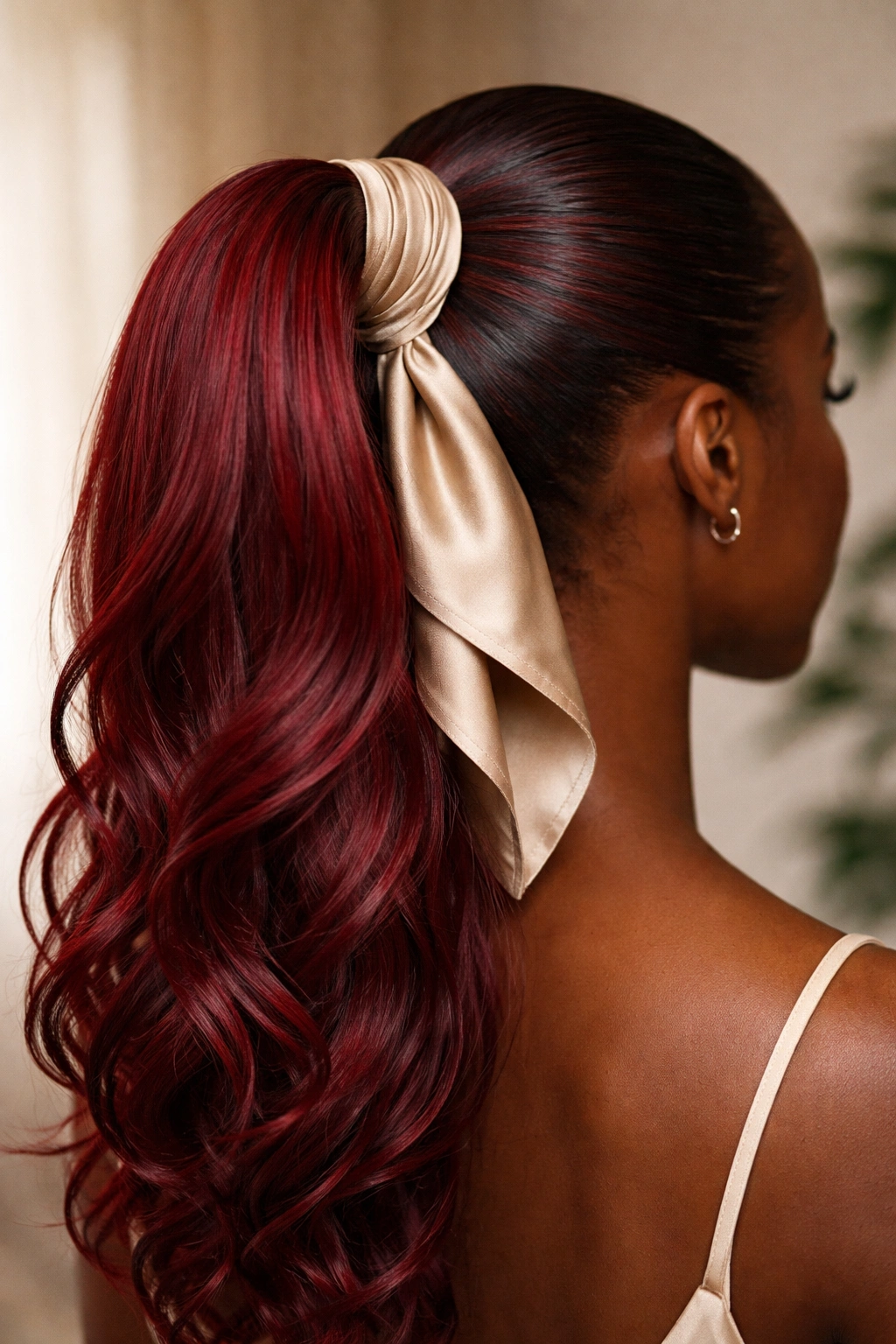Red ponytail secured with satin scarf showing tension-free roots