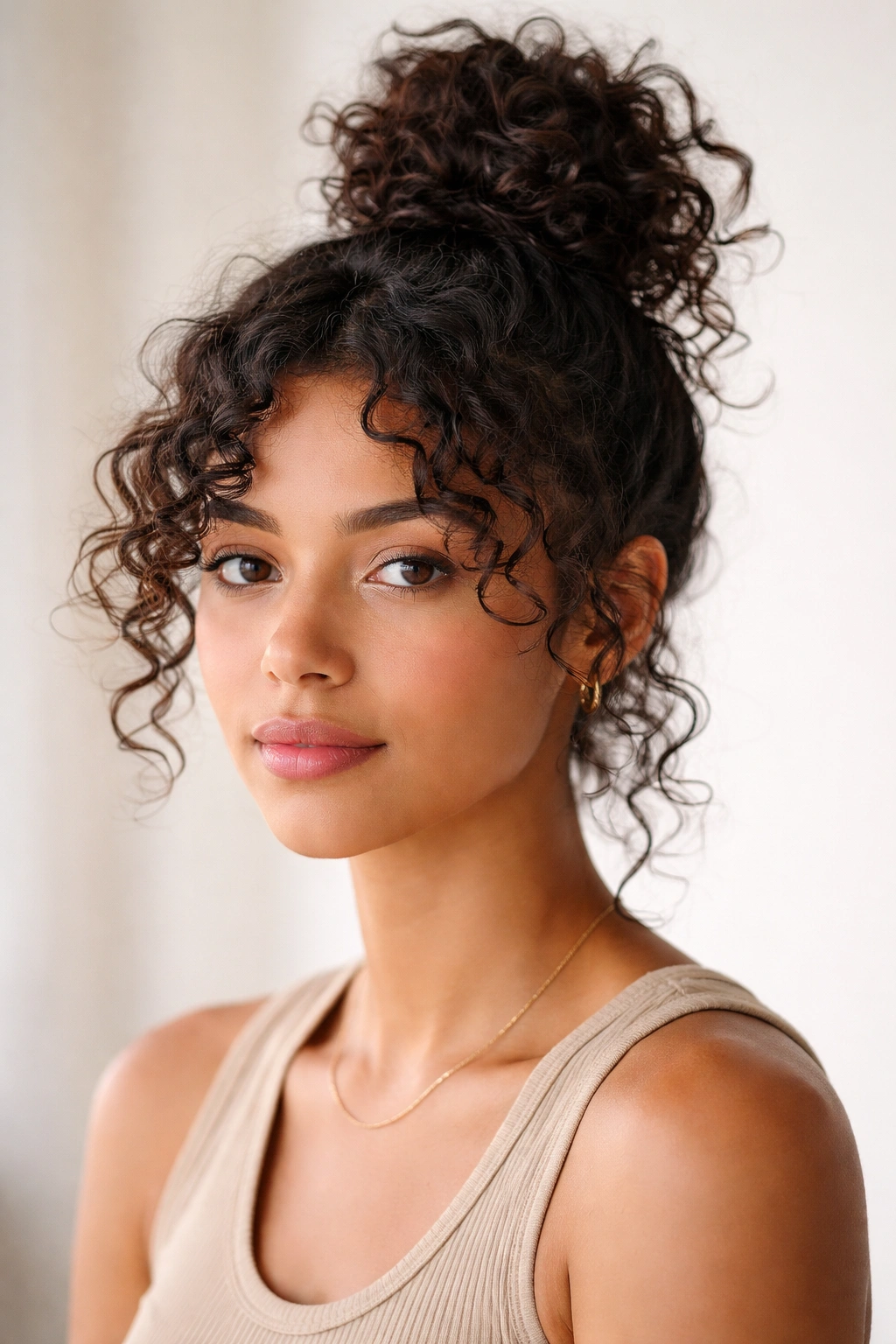 High top knot with loose curls framing the face.