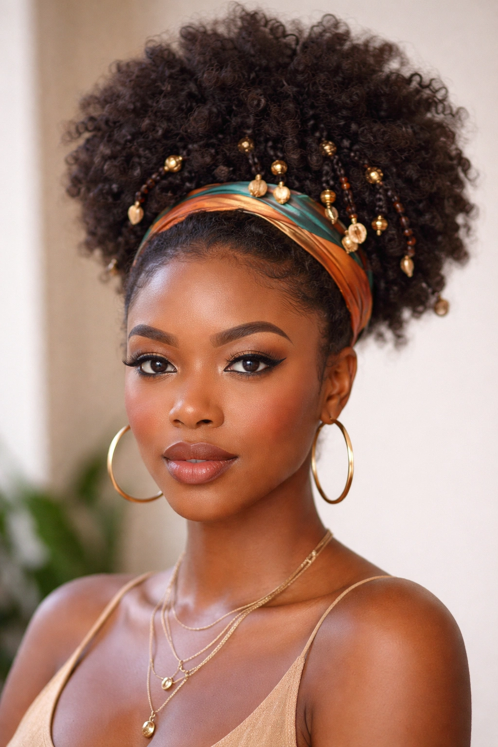 Afro puff with beads woven through the hair and a subtle headwrap