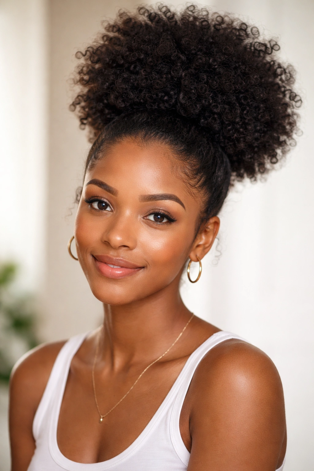 Close-up portrait of a puff afro hairstyle with a high rounded puff