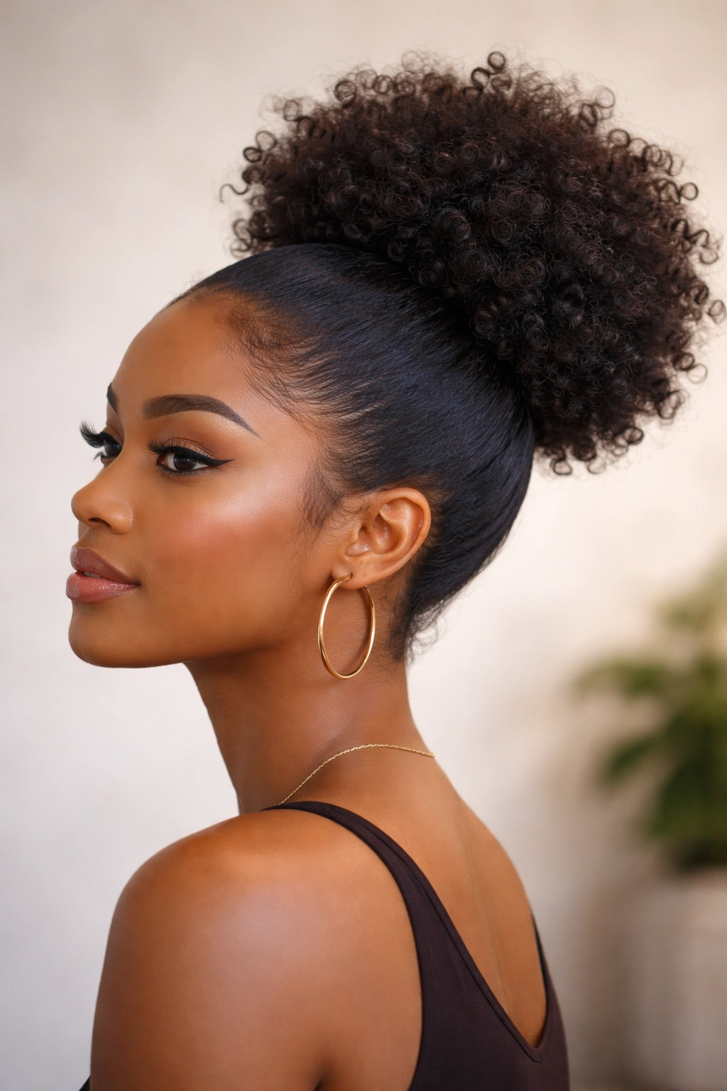 Puff and bun hybrid with voluminous crown and sleek bun.