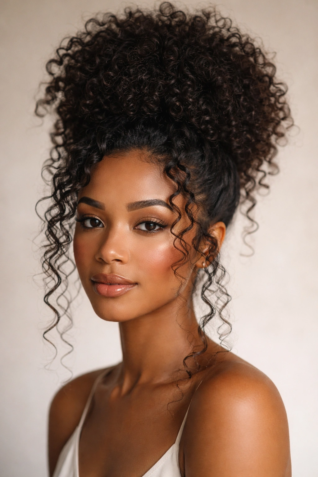 Voluminous puff bun with loose tendrils around the face