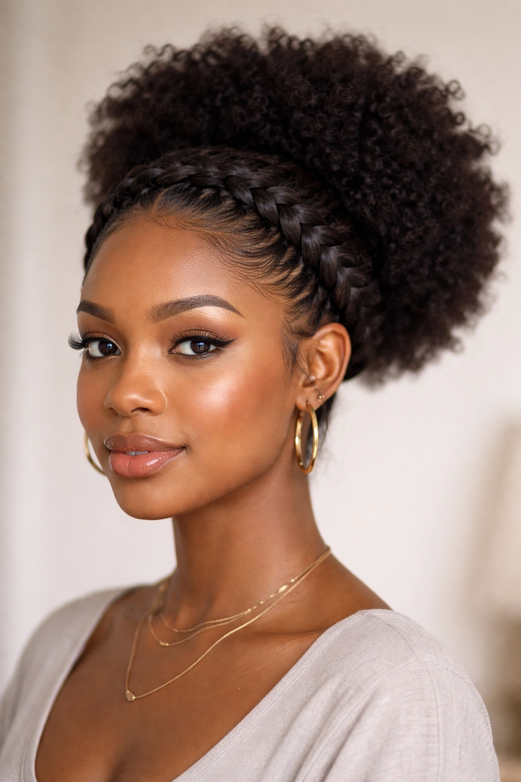 Head with crown braid looping around, puff at back