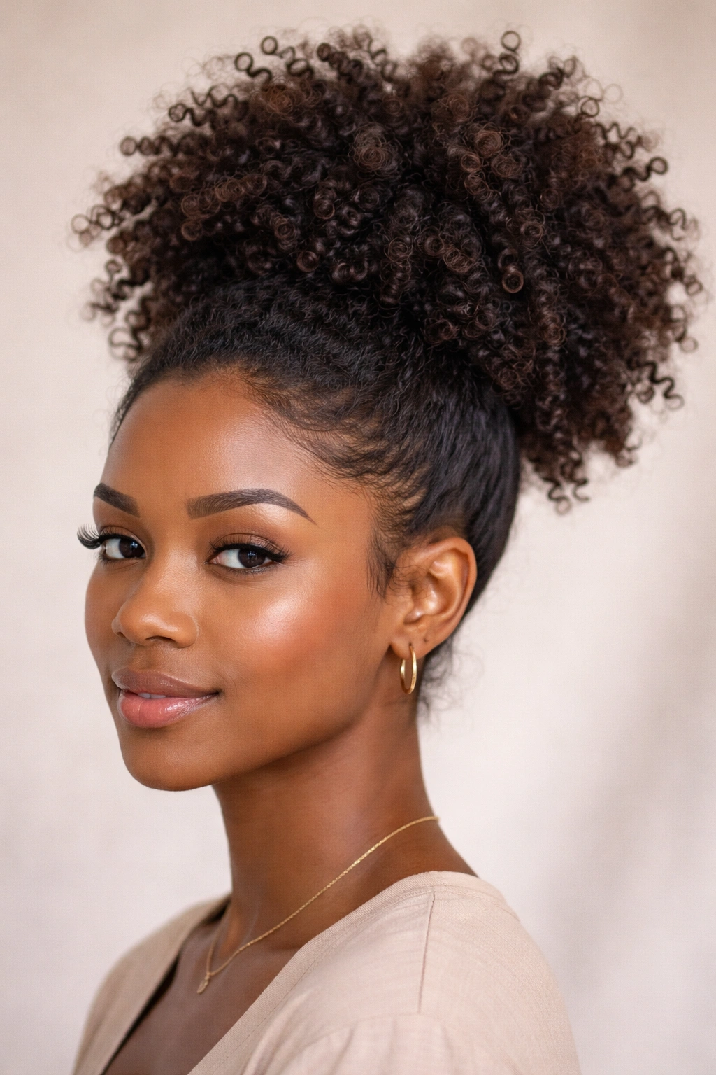 Close-up of Puff with Curls hairstyle with a high crown puff and fluffy curls