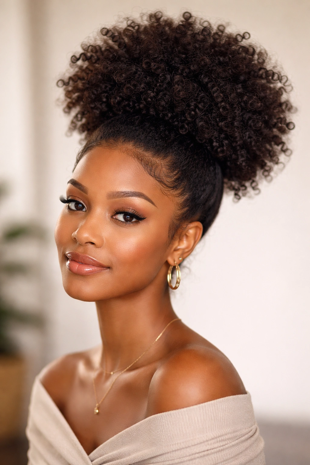 Close-up of a high puff hairstyle on natural hair