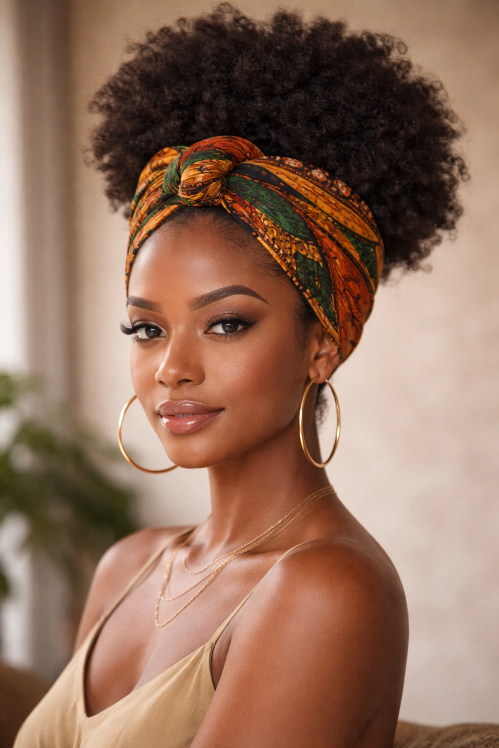 Close-up portrait of a Black woman with a vibrant headwrap and voluminous Afro puff