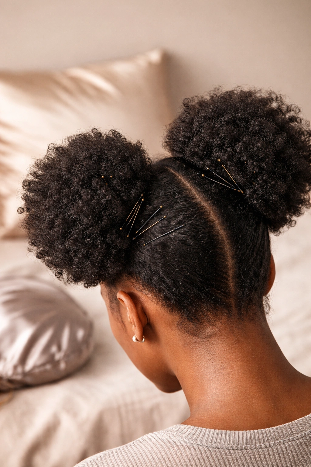 Well-secured puff with multiple pins and satin protection for longevity