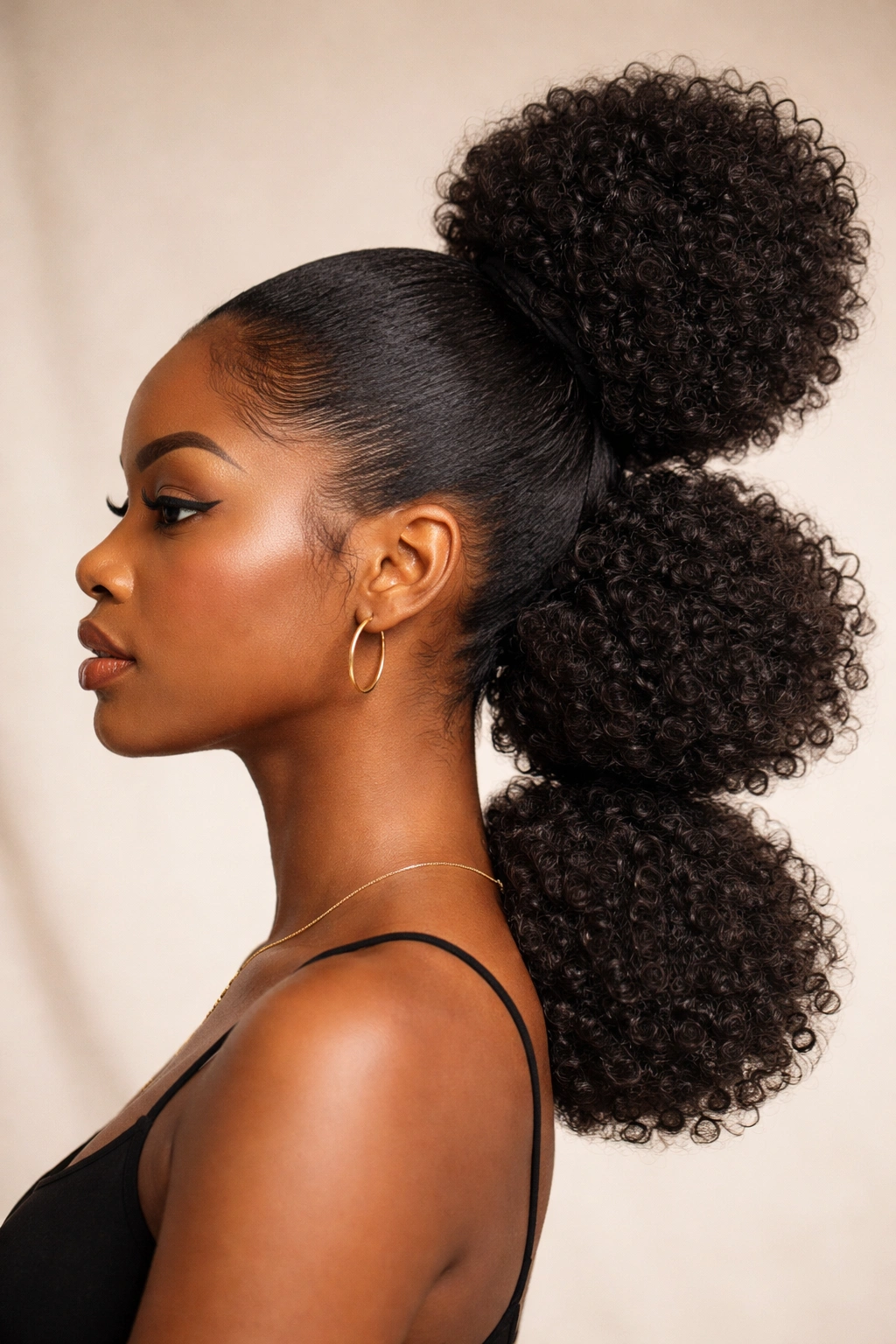 Close-up side profile of stacked puff ponytails with voluminous curls on a Black woman