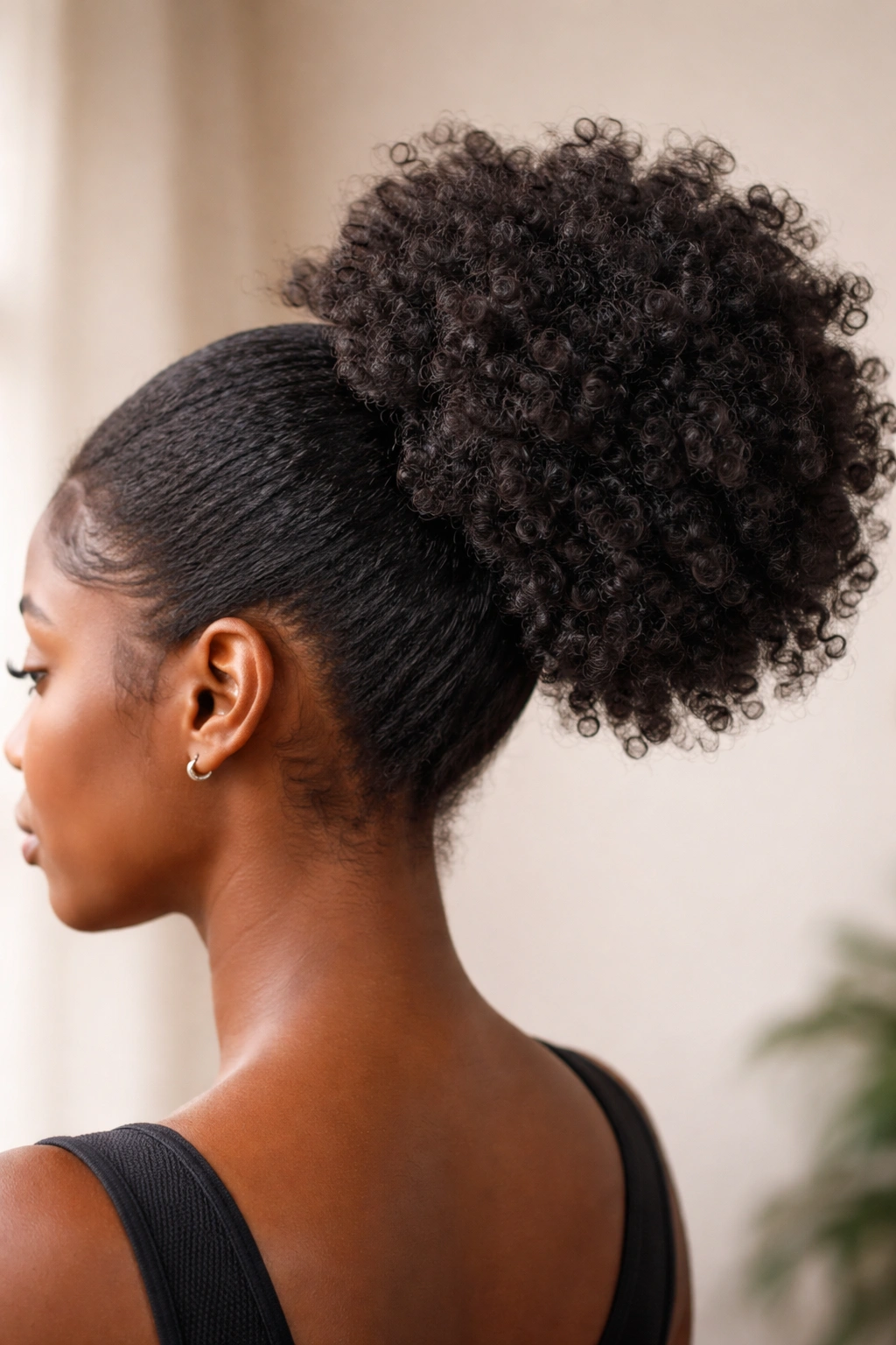 Close-up of natural hair puff ponytail highlighting coil pattern and volume