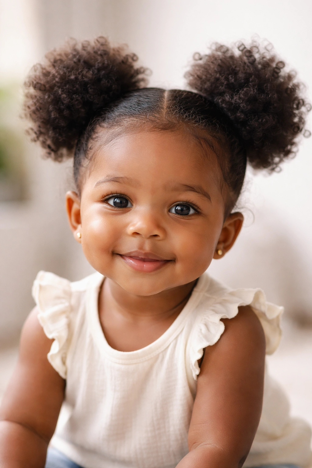 Two fluffy puff ponytails on a baby's head
