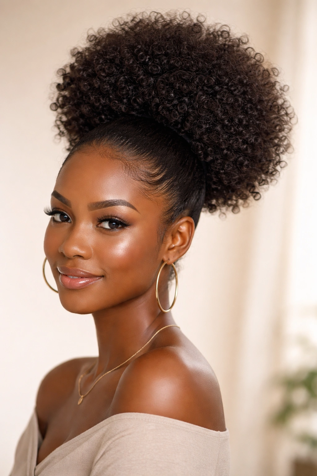 Front-facing close-up of a hydrated, glossy puff ponytail
