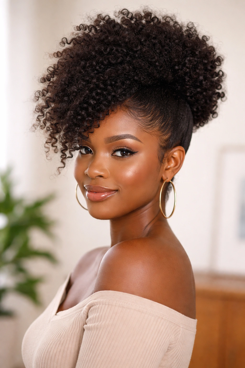 Portrait of a person with a voluminous puff side-swept styling.