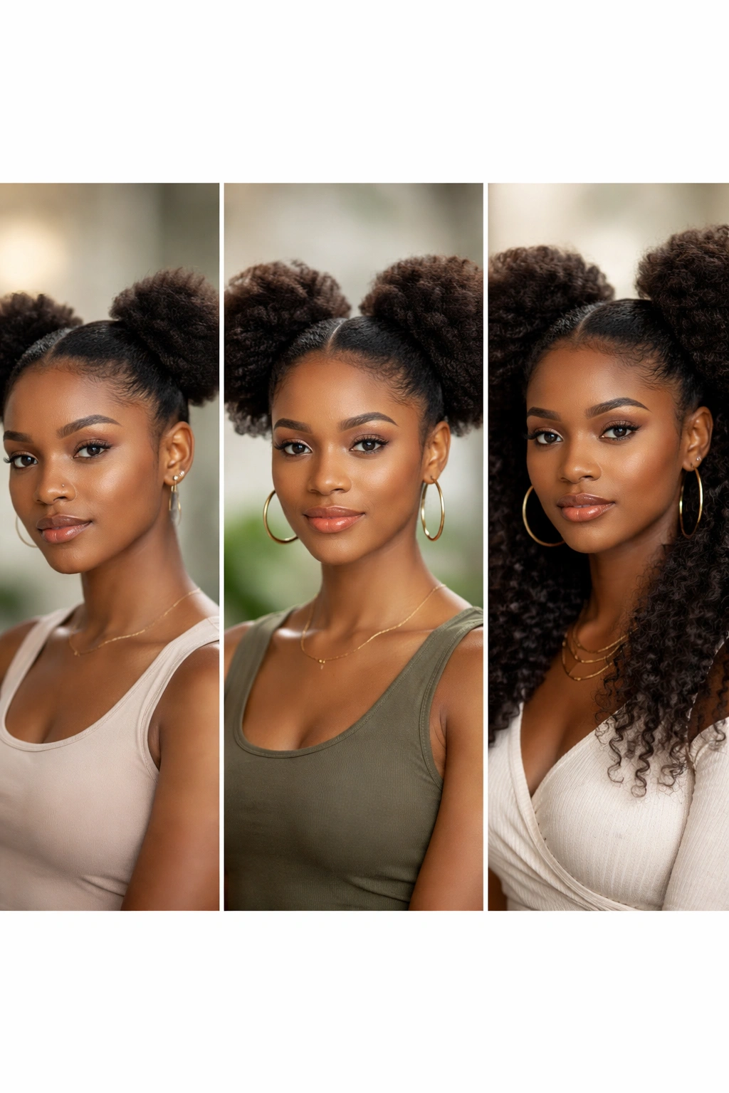 Triptych showing short, medium, and long hair puffs to demonstrate length-based styling