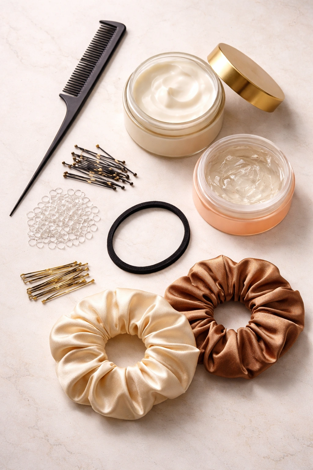 Flat lay of puff styling tools including comb, pins, creams, and elastics