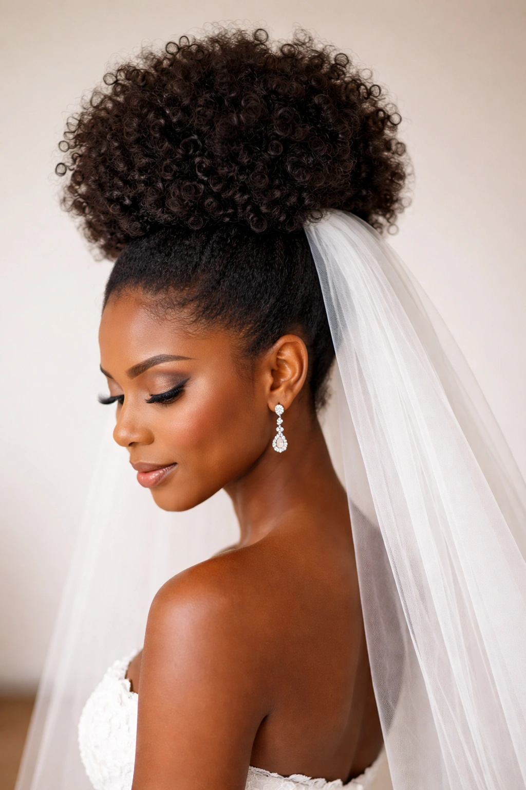 Voluminous puff with a bridal veil anchored at the crown.