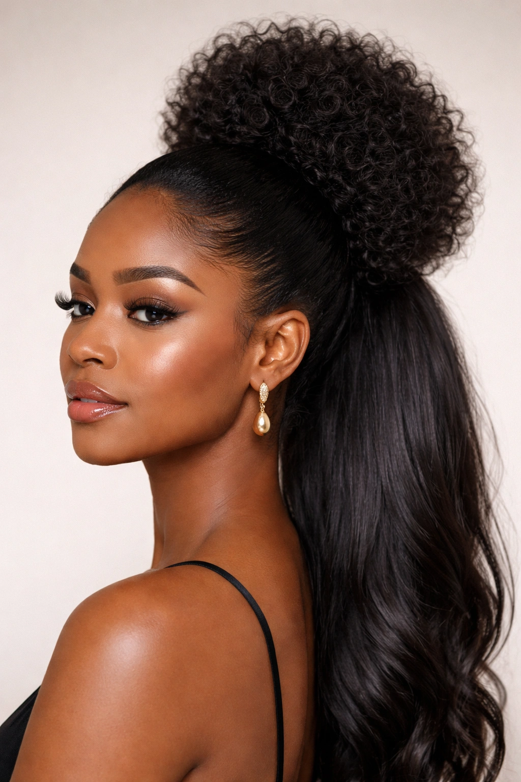 Portrait of a Black woman with a crown puff and ponytail