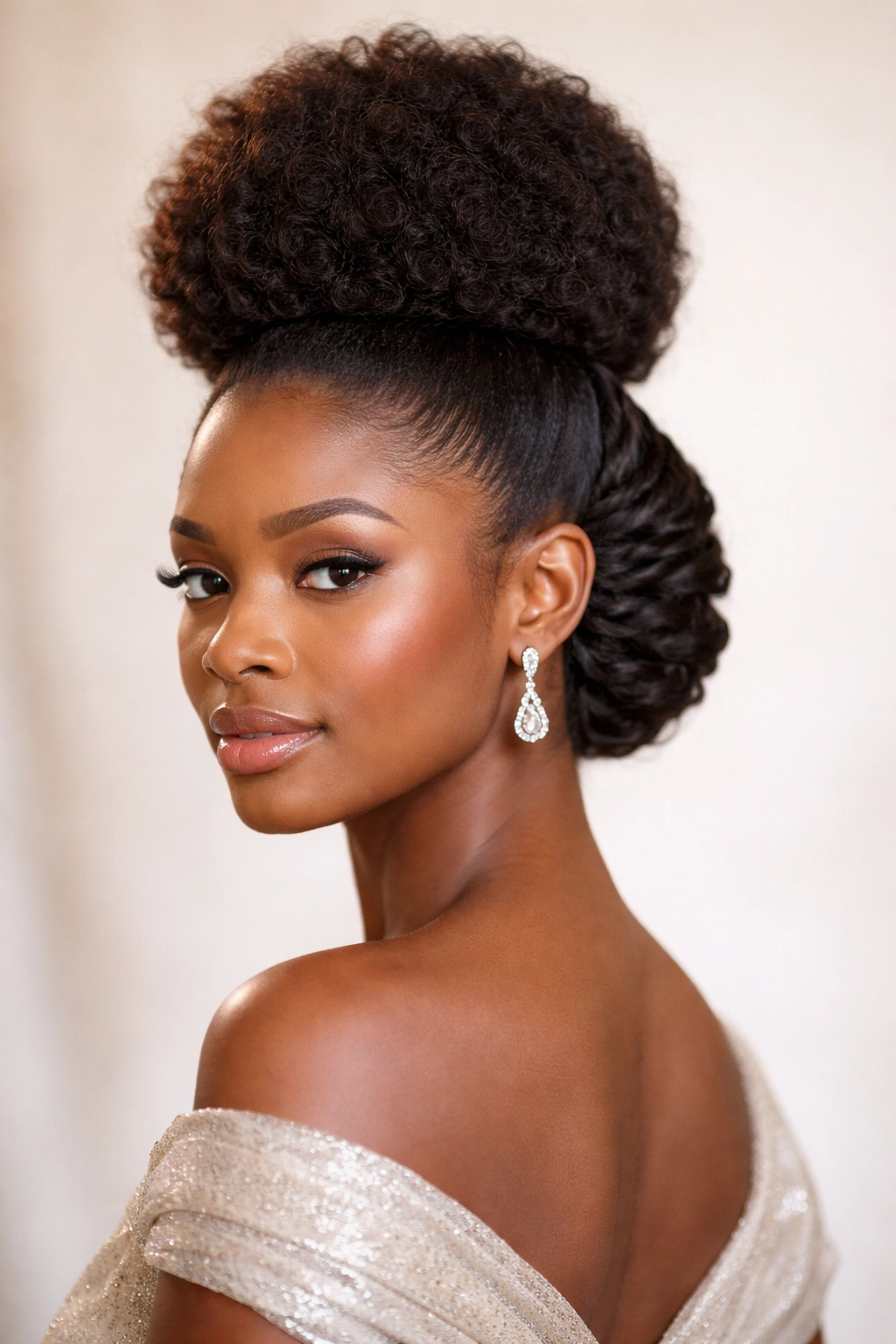 Tall puffed crown with twisted back updo