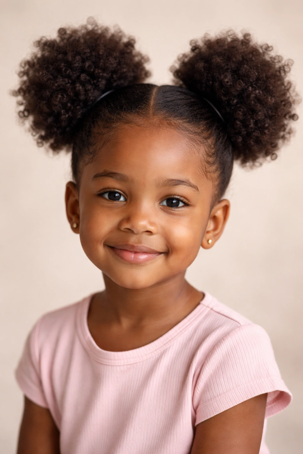 Close-up of a young girl with two high puffs on top of her head, a protective hairstyle.