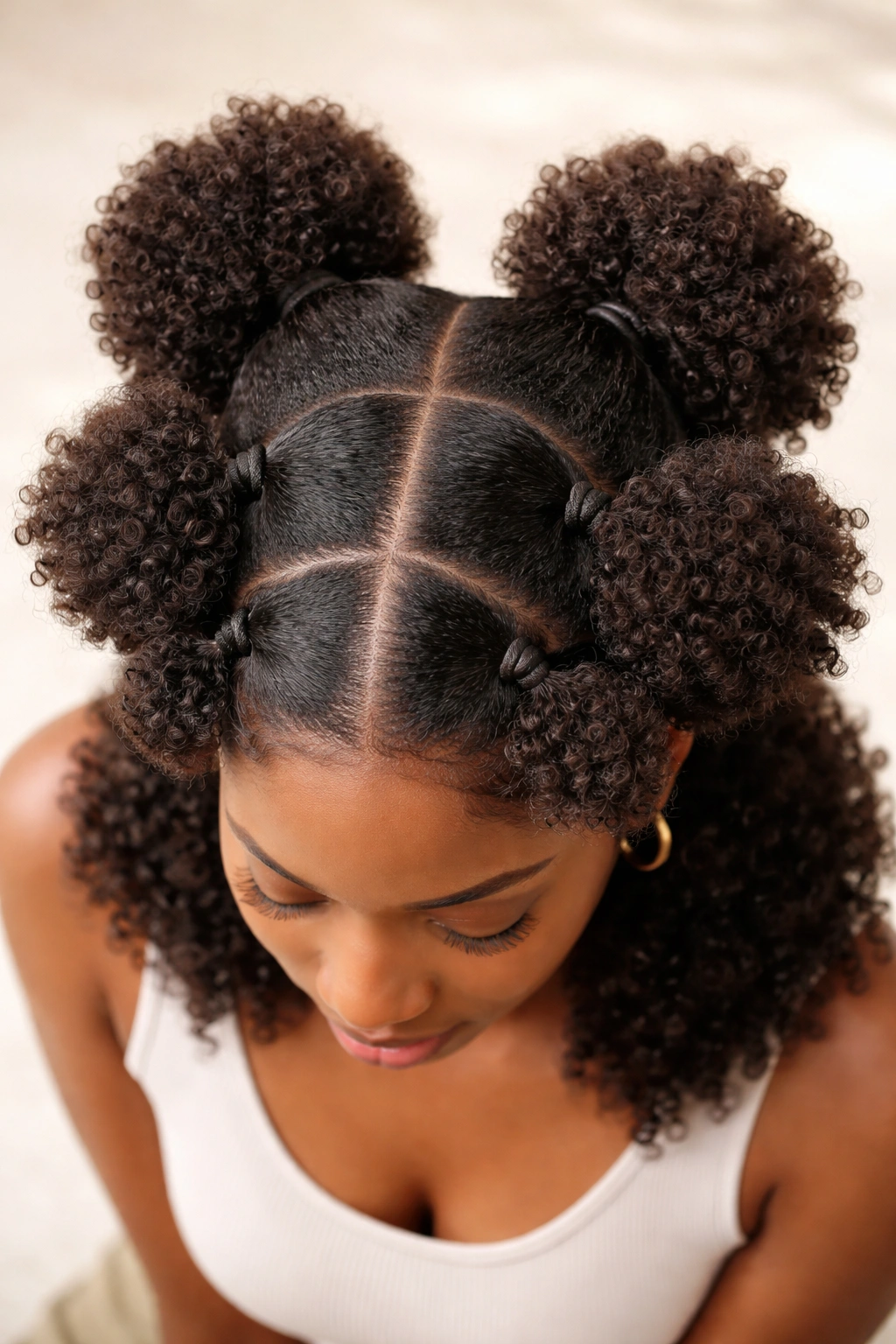 Overhead view of head with multiple dense coily puffs across crown