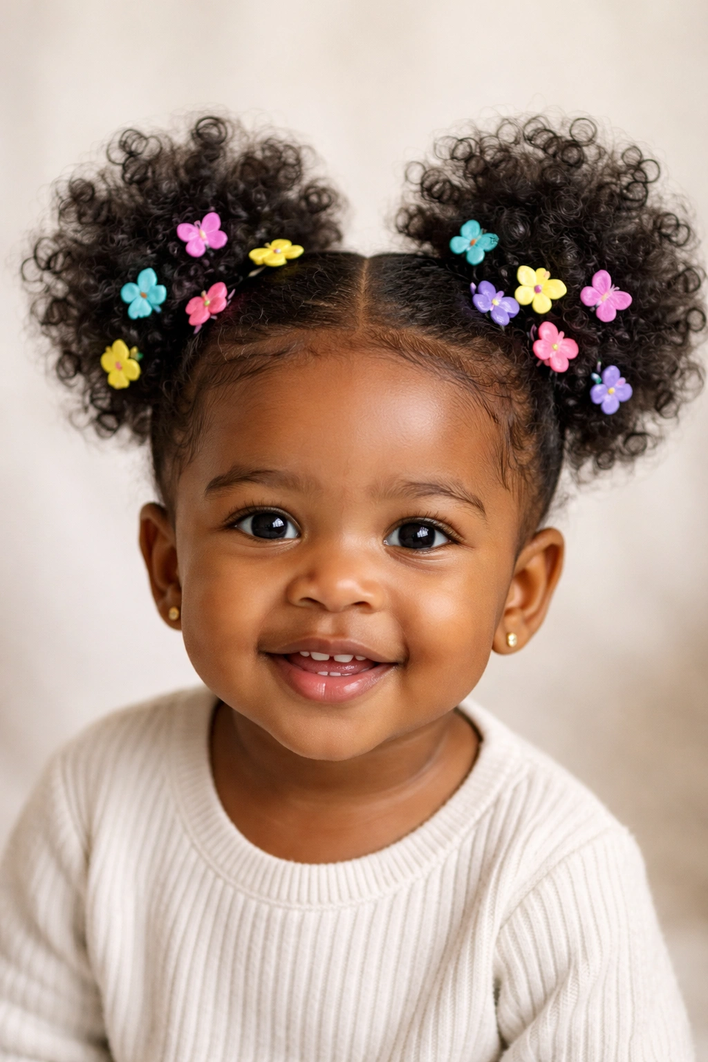 Close-up of a toddler's head with two high puffs and colorful clips in an afro hairstyle.