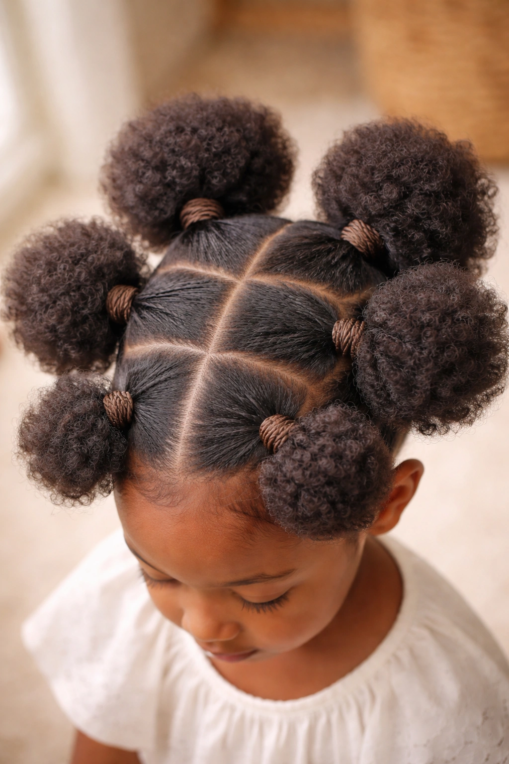 Top-down view of a child's head with puff hairstyles and extensions.