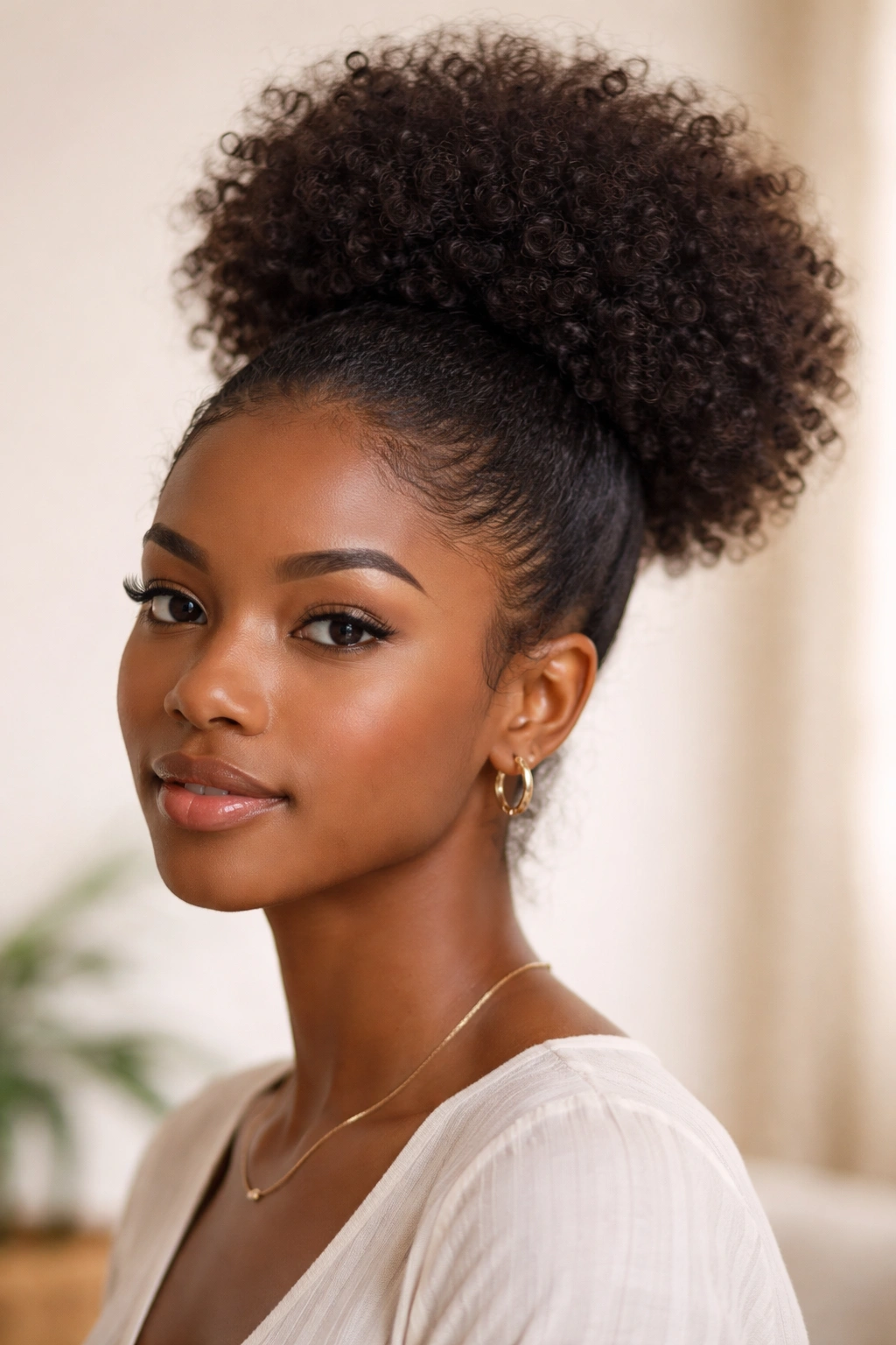 Rounded puff of curly hair at the crown