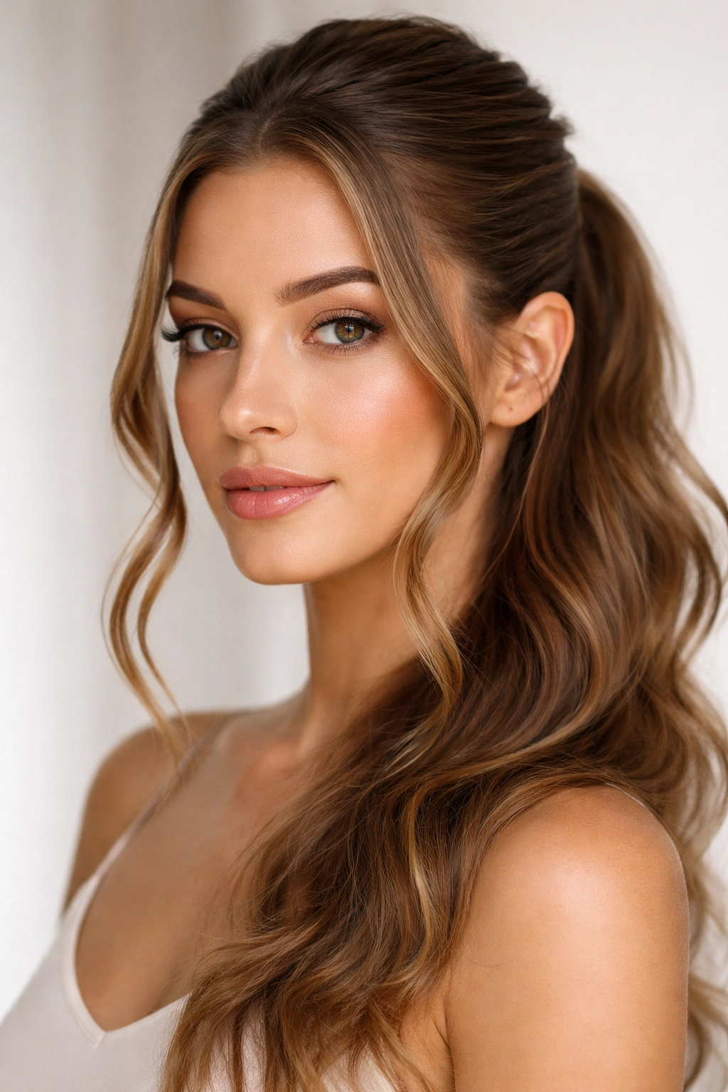 Head with sleek pulled-back hairstyle and face-framing pieces