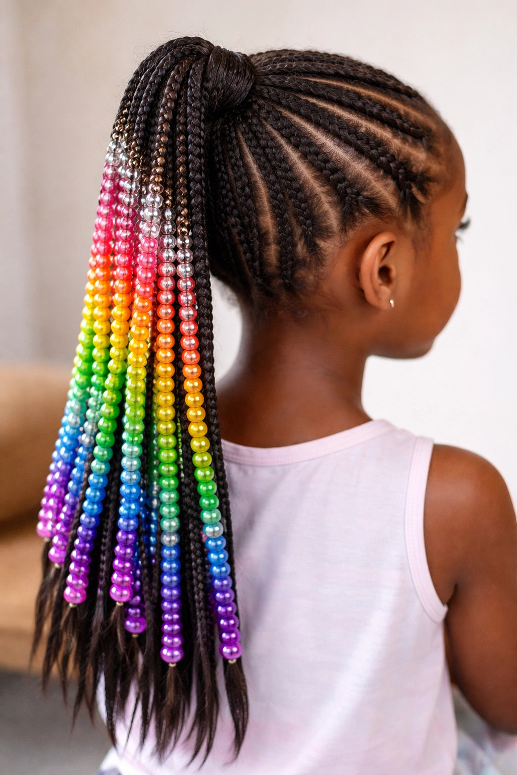 Close-up of rainbow bead gradient ponytail with mixed braids.